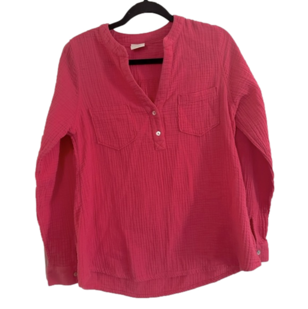 Mote Pink Raspberry Gauzy Henley Long Sleeve Top Lightweight Women’s Large